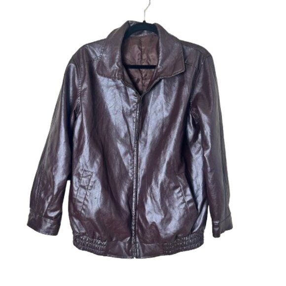 Oversized Faux Leather Bomber Jacket Coat Slant Pockets Chocolate Brown Medium - Picture 1 of 10